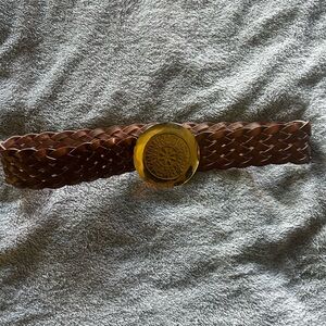Elegant Brown leather Woven Belt with Gold Accent